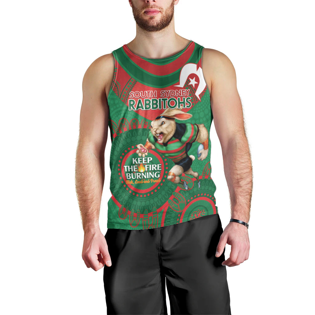 Custom NRL Rabbitohs NAIDOC Week Men Tank Top Keep The Fire Burning Indigenous Art