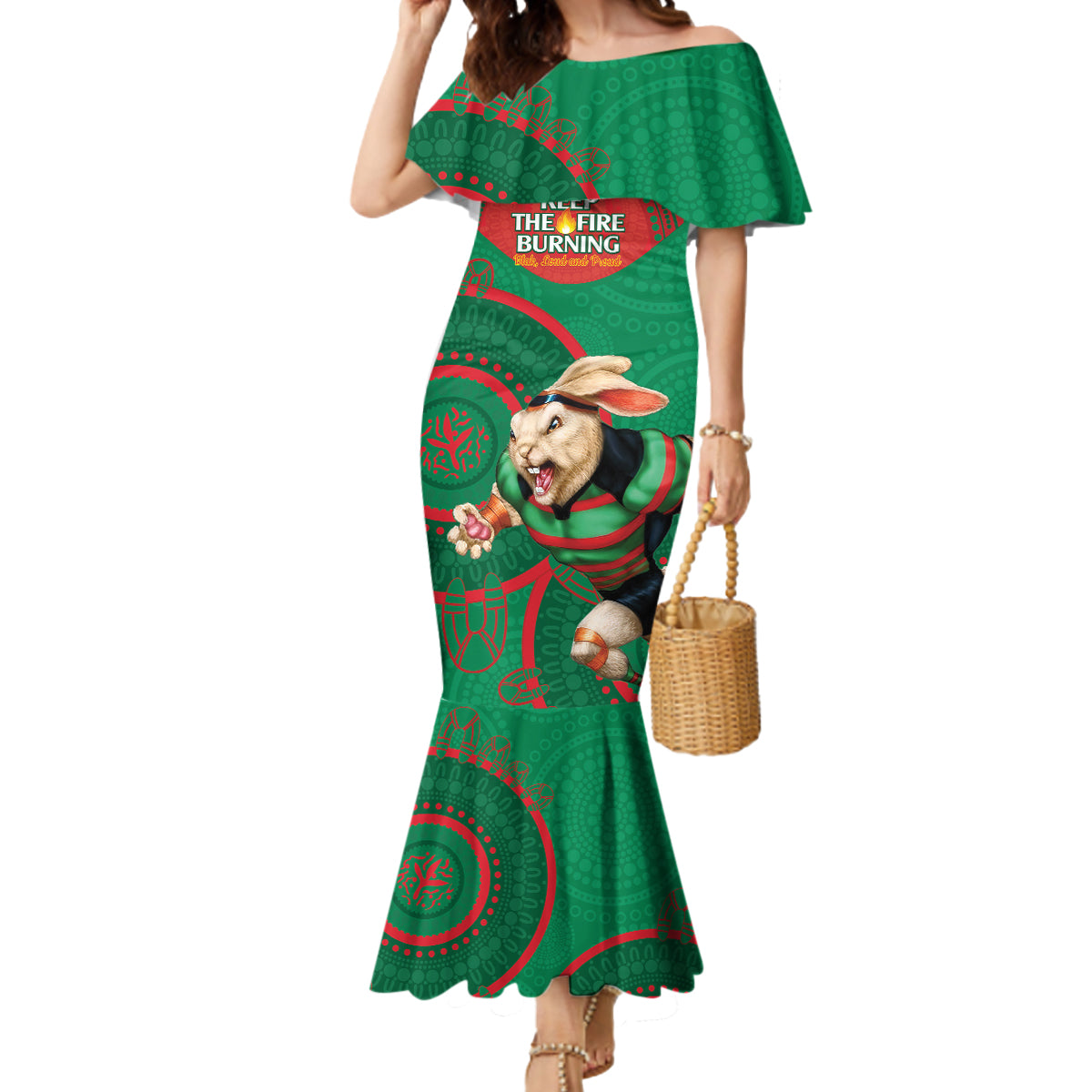 Custom NRL Rabbitohs NAIDOC Week Mermaid Dress Keep The Fire Burning Indigenous Art