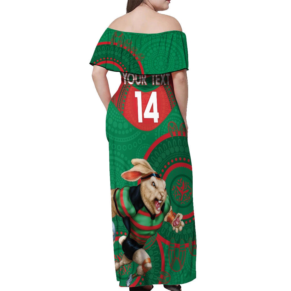 Custom NRL Rabbitohs NAIDOC Week Off Shoulder Maxi Dress Keep The Fire Burning Indigenous Art