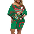 Custom NRL Rabbitohs NAIDOC Week Off Shoulder Short Dress Keep The Fire Burning Indigenous Art