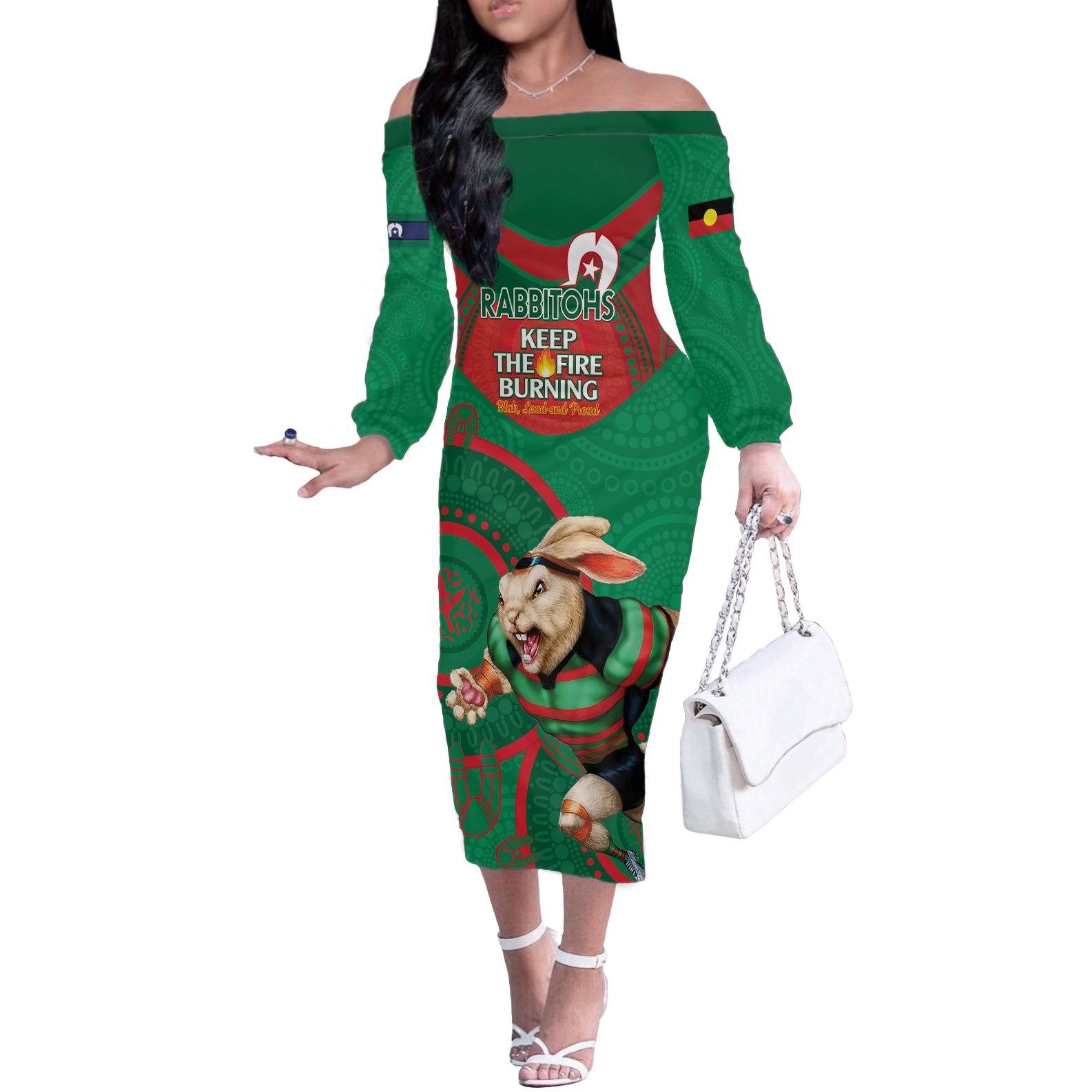 Custom NRL Rabbitohs NAIDOC Week Off The Shoulder Long Sleeve Dress Keep The Fire Burning Indigenous Art