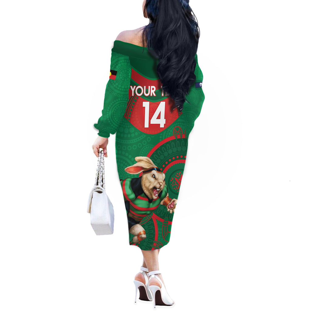 Custom NRL Rabbitohs NAIDOC Week Off The Shoulder Long Sleeve Dress Keep The Fire Burning Indigenous Art