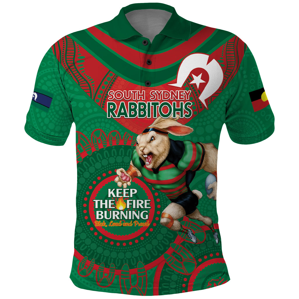 Custom NRL Rabbitohs NAIDOC Week Polo Shirt Keep The Fire Burning Indigenous Art