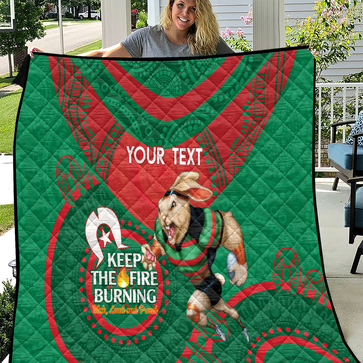 Custom NRL Rabbitohs NAIDOC Week Quilt Keep The Fire Burning Indigenous Art
