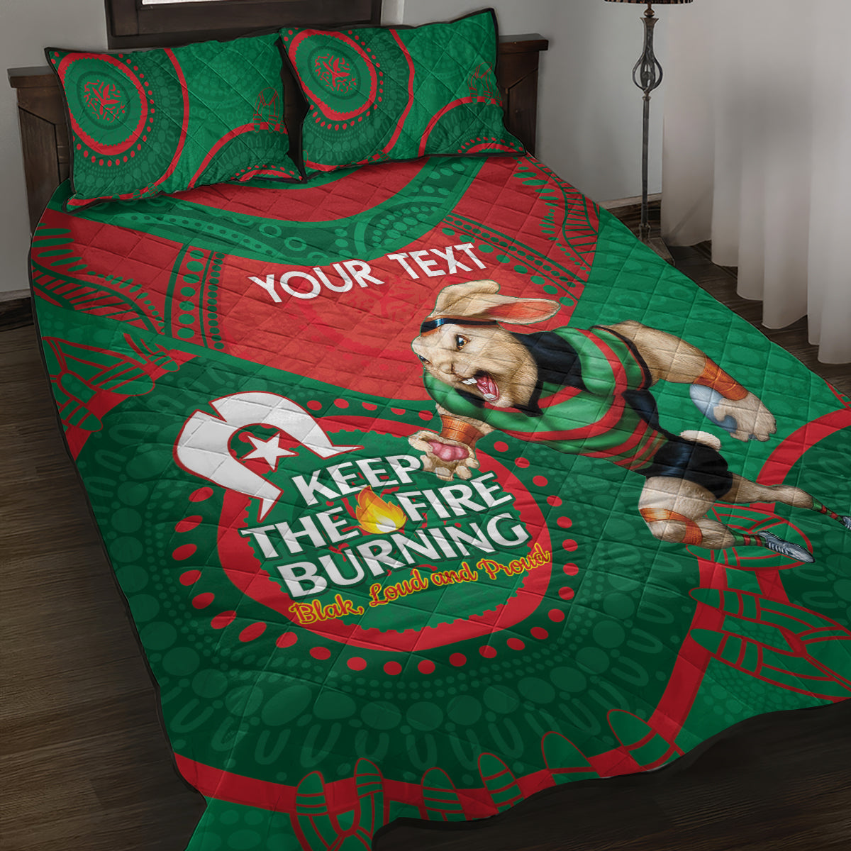 Custom NRL Rabbitohs NAIDOC Week Quilt Bed Set Keep The Fire Burning Indigenous Art