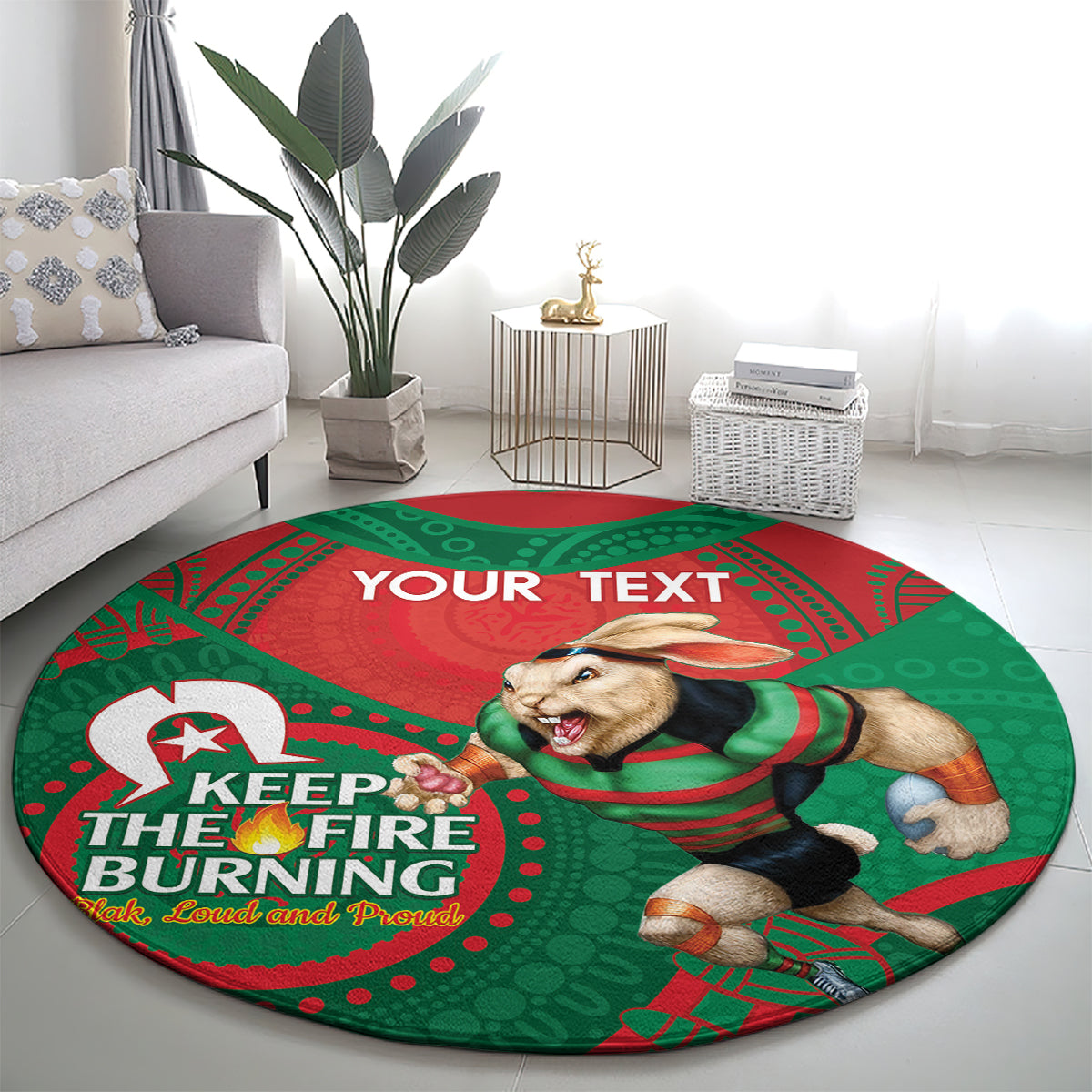 Custom NRL Rabbitohs NAIDOC Week Round Carpet Keep The Fire Burning Indigenous Art