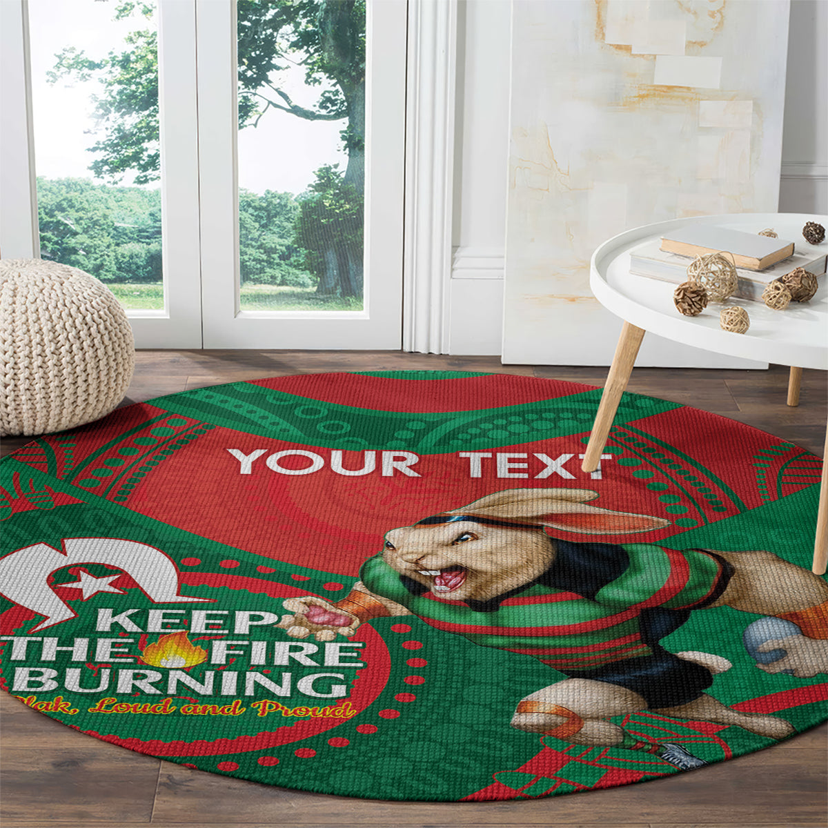 Custom NRL Rabbitohs NAIDOC Week Round Carpet Keep The Fire Burning Indigenous Art