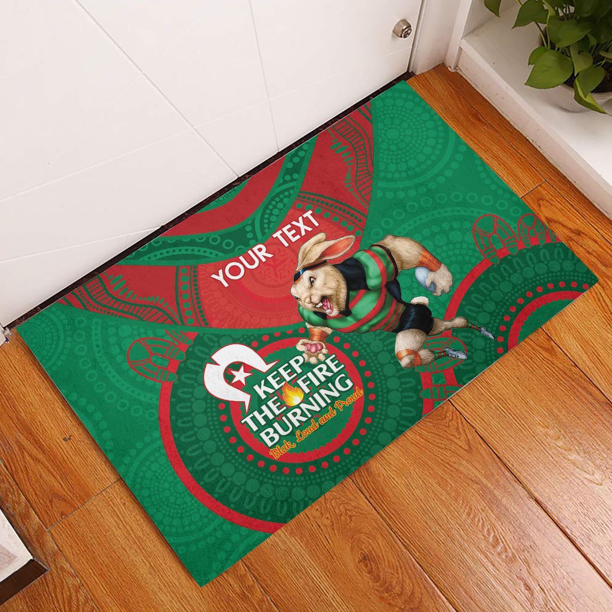 Custom NRL Rabbitohs NAIDOC Week Rubber Doormat Keep The Fire Burning Indigenous Art