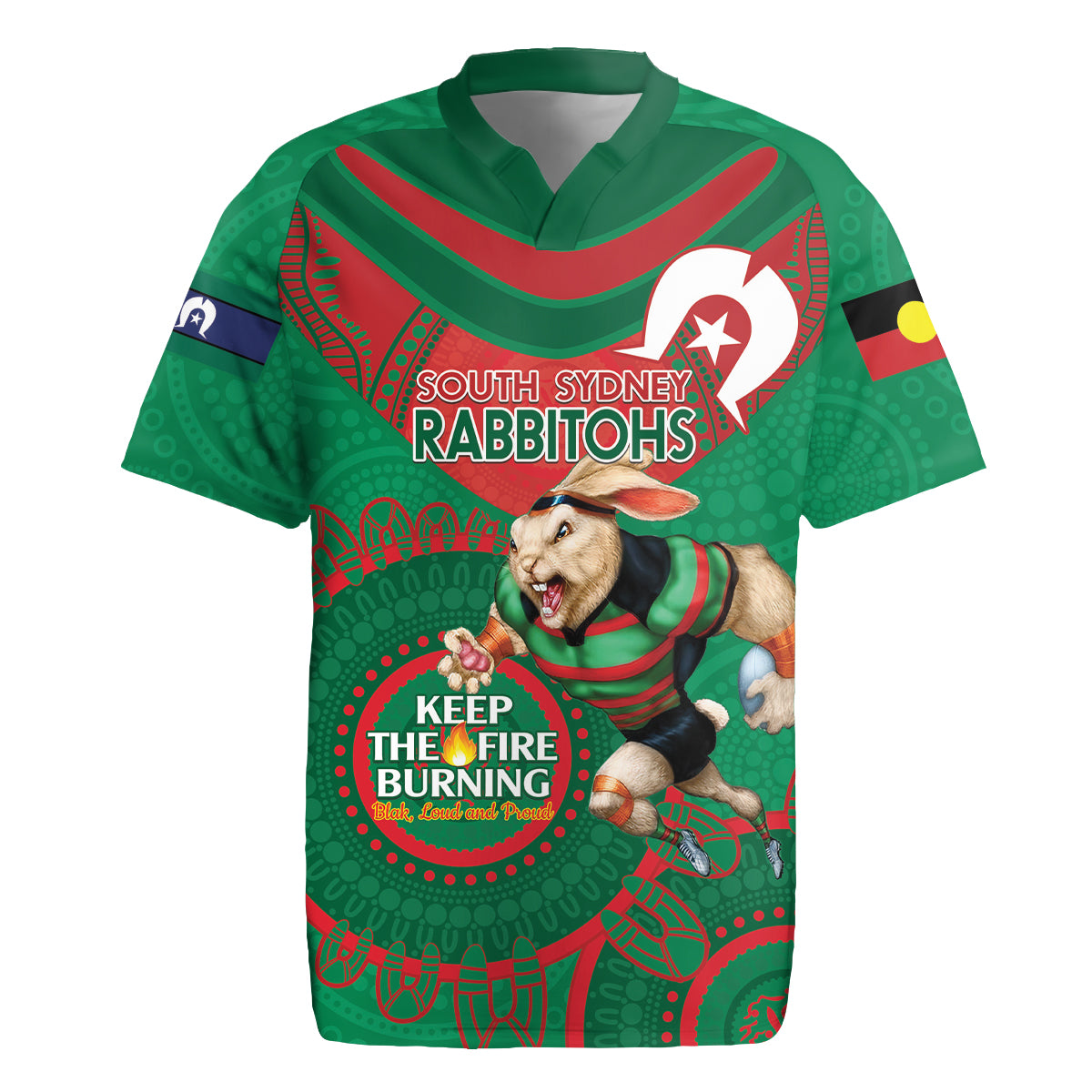 Custom NRL Rabbitohs NAIDOC Week Rugby Jersey Keep The Fire Burning Indigenous Art