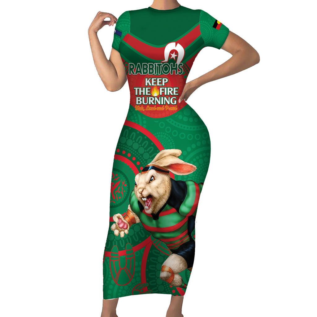 Custom NRL Rabbitohs NAIDOC Week Short Sleeve Bodycon Dress Keep The Fire Burning Indigenous Art