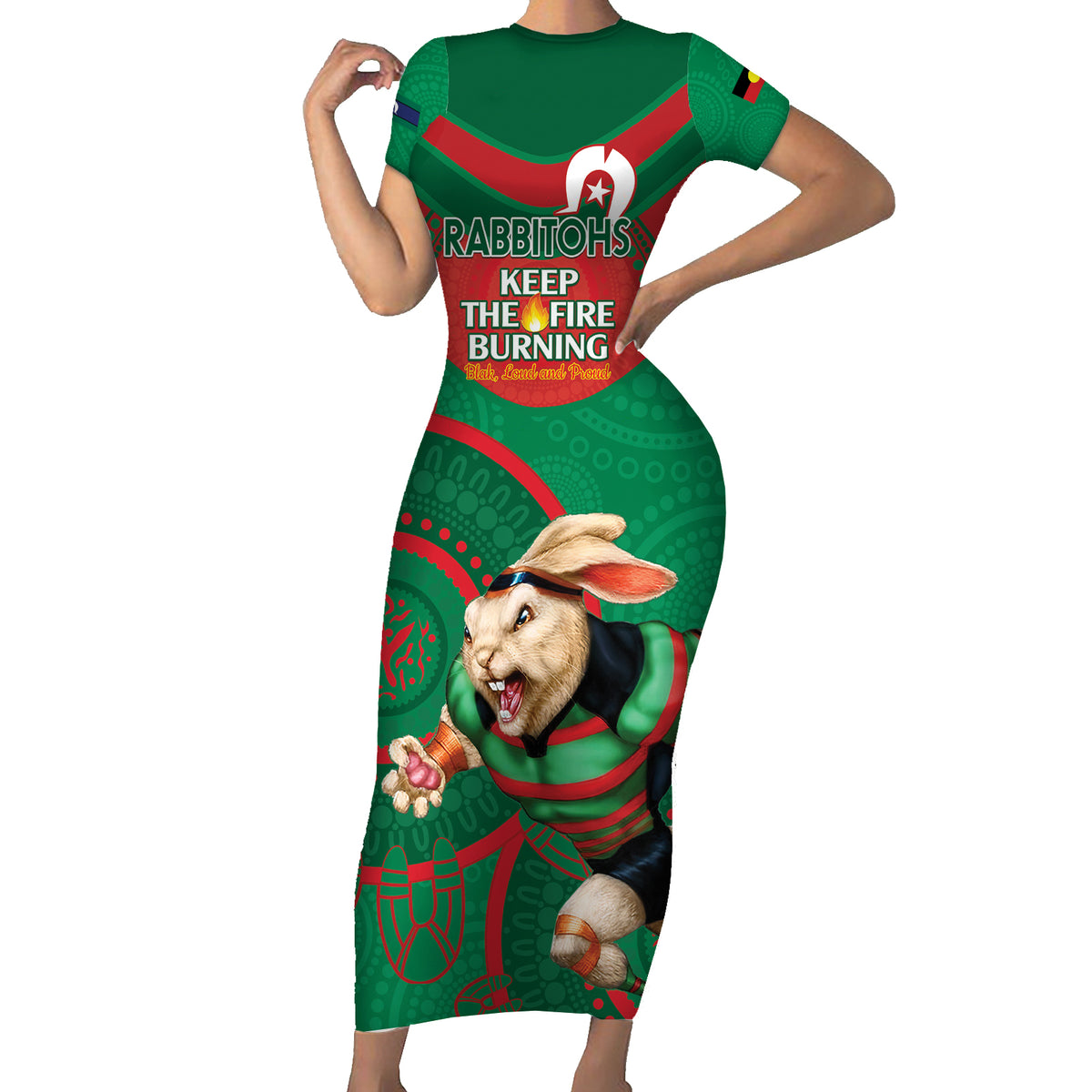 Custom NRL Rabbitohs NAIDOC Week Short Sleeve Bodycon Dress Keep The Fire Burning Indigenous Art
