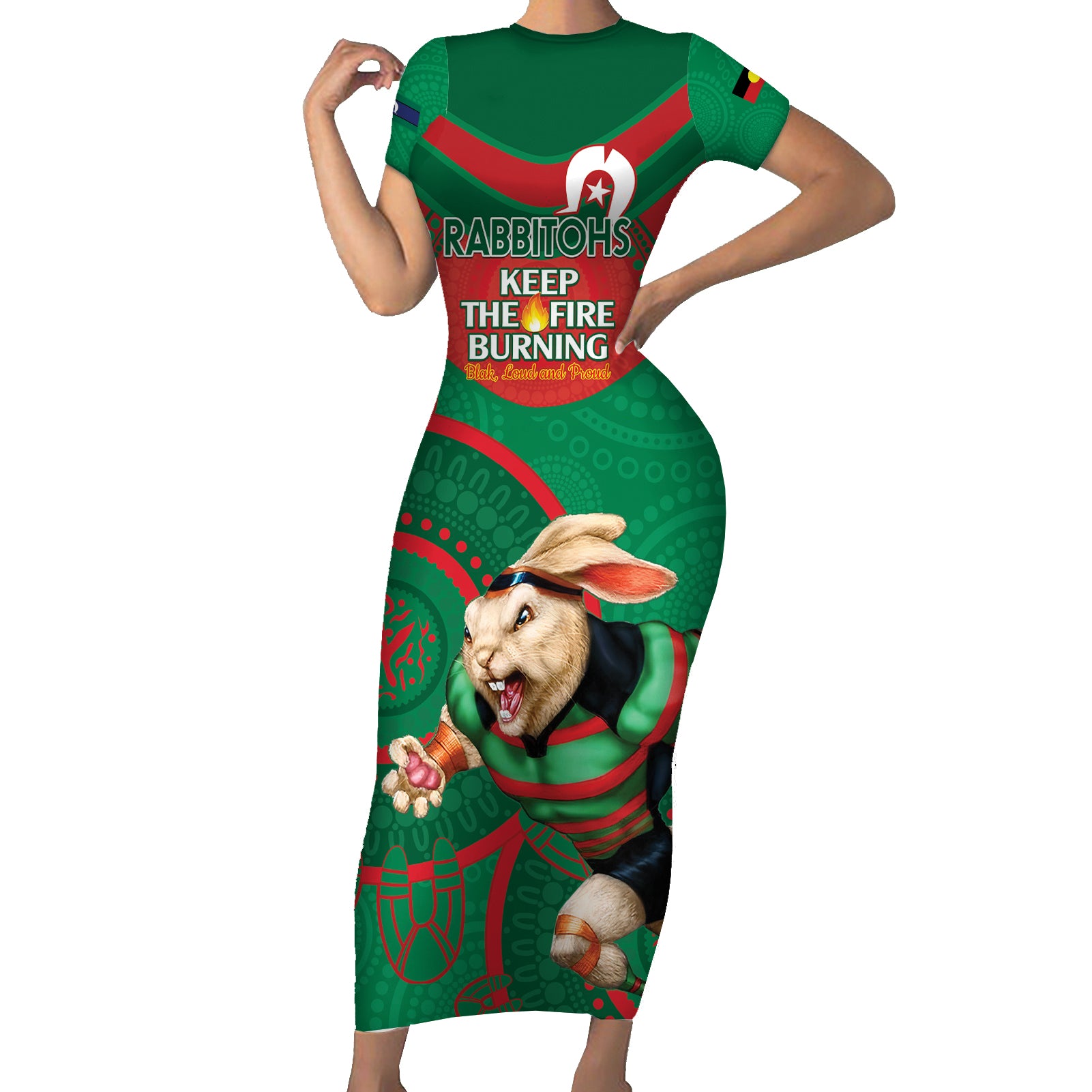 Custom NRL Rabbitohs NAIDOC Week Short Sleeve Bodycon Dress Keep The Fire Burning Indigenous Art