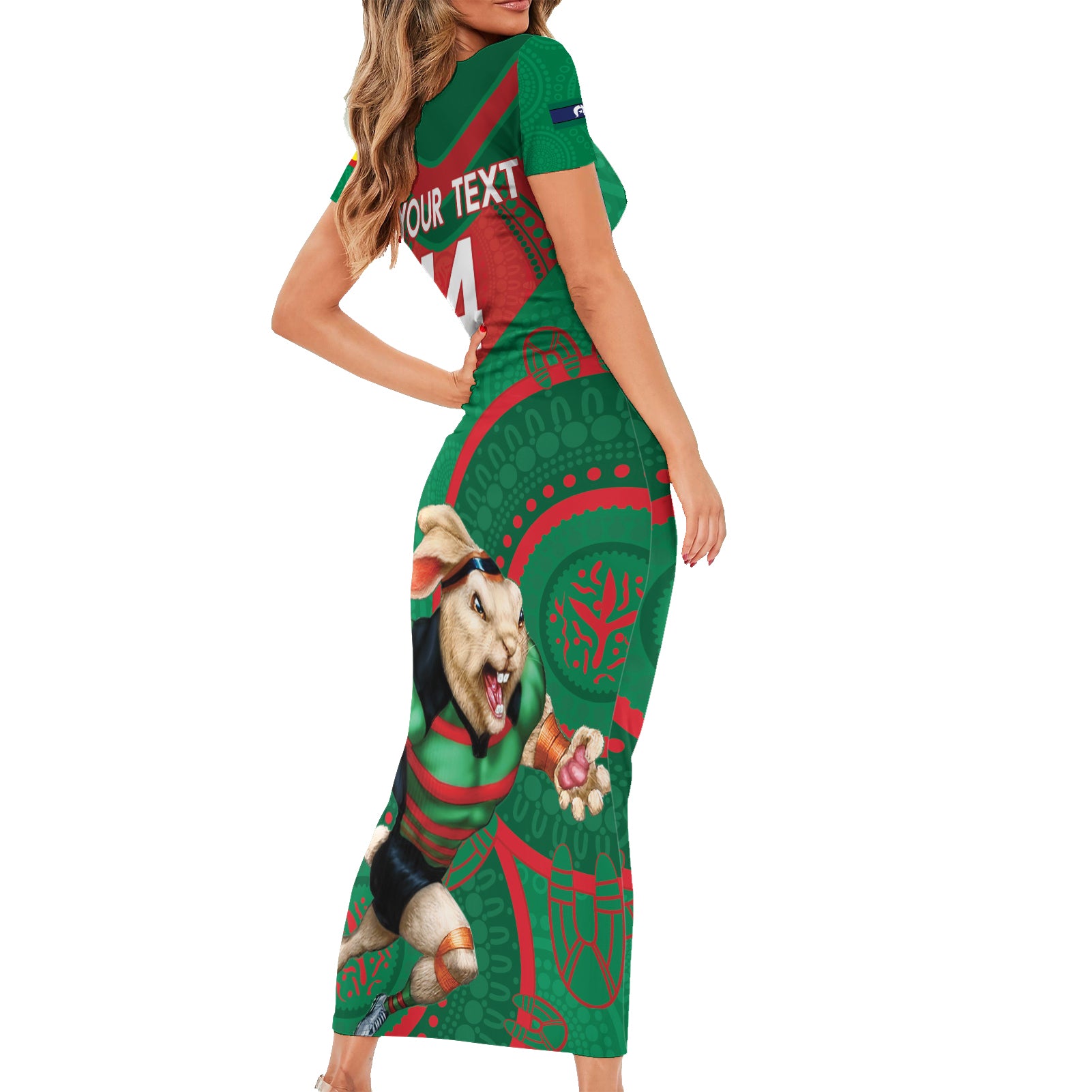 Custom NRL Rabbitohs NAIDOC Week Short Sleeve Bodycon Dress Keep The Fire Burning Indigenous Art