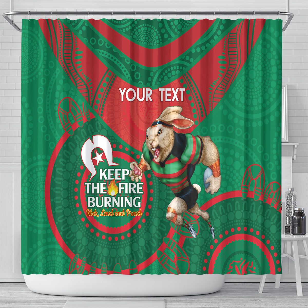 Custom NRL Rabbitohs NAIDOC Week Shower Curtain Keep The Fire Burning Indigenous Art