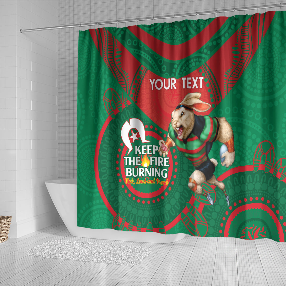 Custom NRL Rabbitohs NAIDOC Week Shower Curtain Keep The Fire Burning Indigenous Art