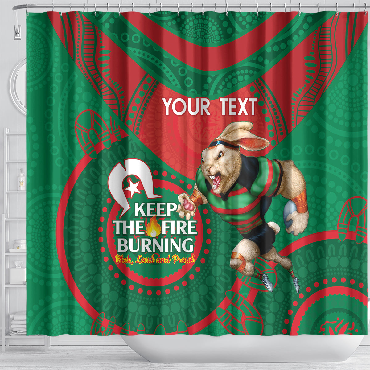Custom NRL Rabbitohs NAIDOC Week Shower Curtain Keep The Fire Burning Indigenous Art