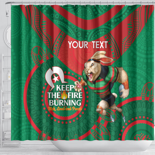 Custom NRL Rabbitohs NAIDOC Week Shower Curtain Keep The Fire Burning Indigenous Art