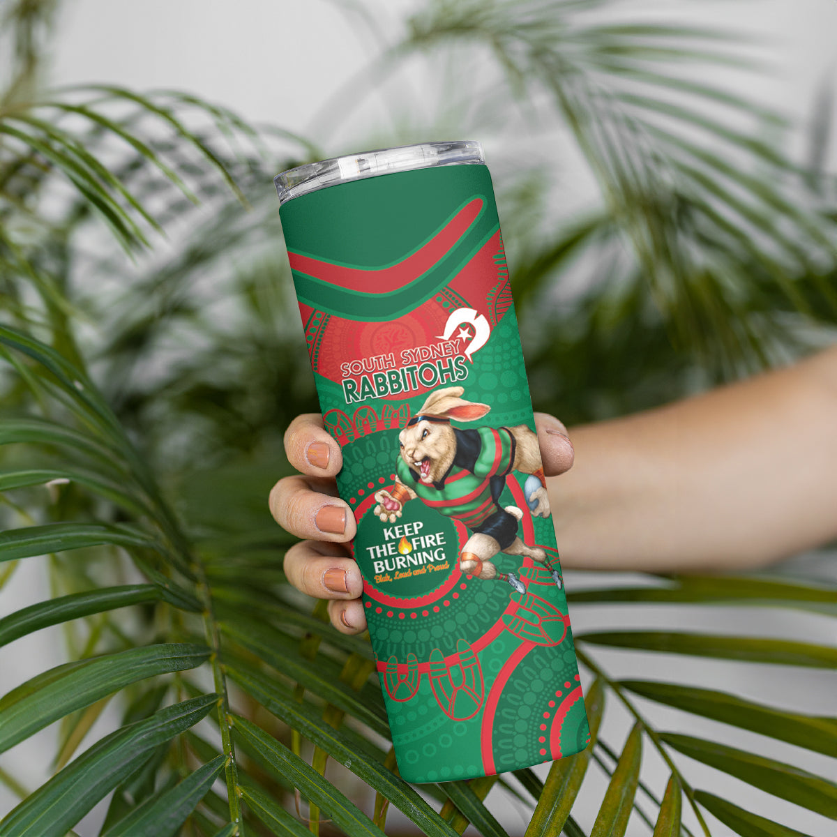 NRL Rabbitohs NAIDOC Week Skinny Tumbler Keep The Fire Burning Indigenous Art