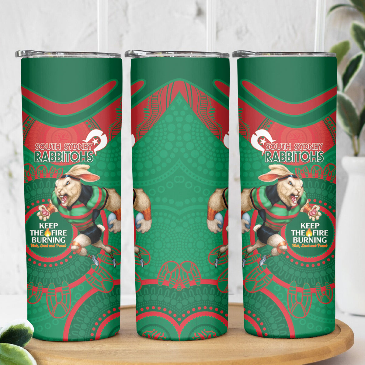NRL Rabbitohs NAIDOC Week Skinny Tumbler Keep The Fire Burning Indigenous Art