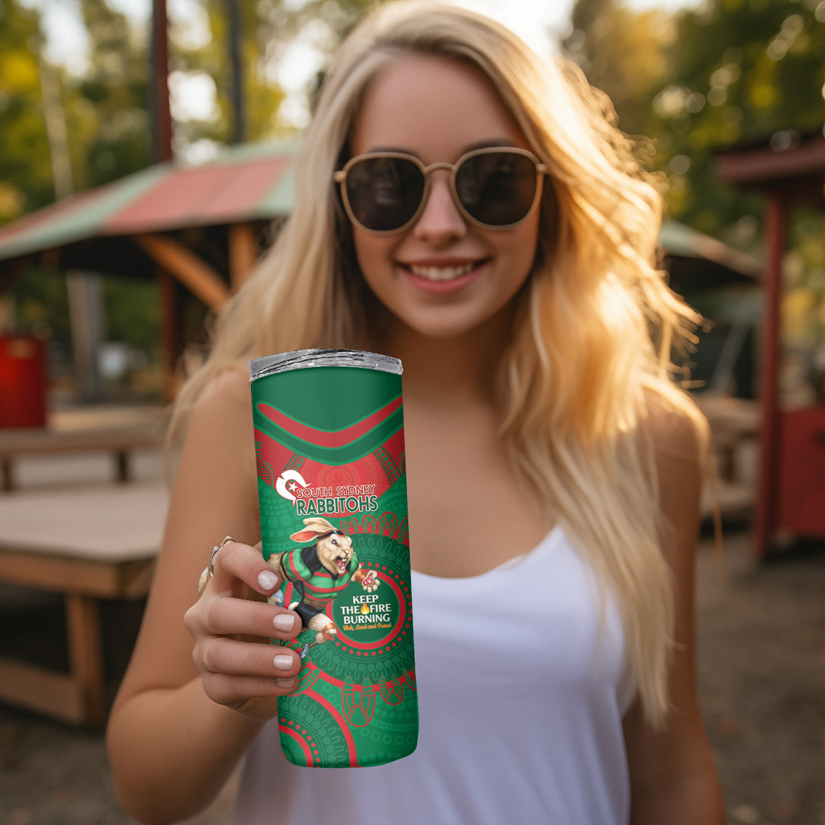 NRL Rabbitohs NAIDOC Week Skinny Tumbler Keep The Fire Burning Indigenous Art