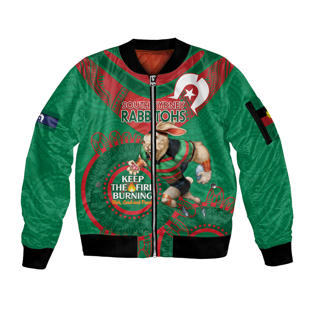 Custom NRL Rabbitohs NAIDOC Week Sleeve Zip Bomber Jacket Keep The Fire Burning Indigenous Art