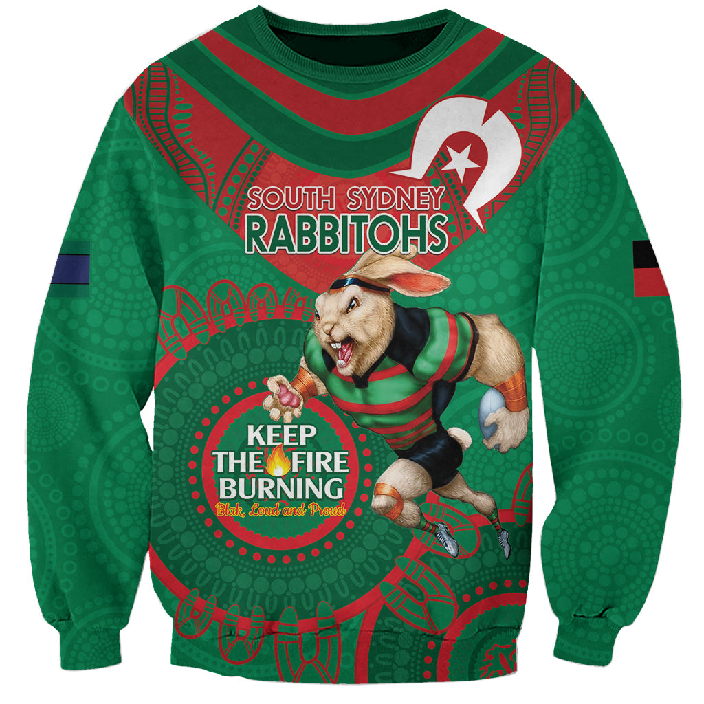 Custom NRL Rabbitohs NAIDOC Week Sweatshirt Keep The Fire Burning Indigenous Art