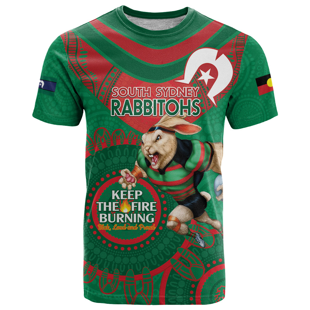 Custom NRL Rabbitohs NAIDOC Week T Shirt Keep The Fire Burning Indigenous Art