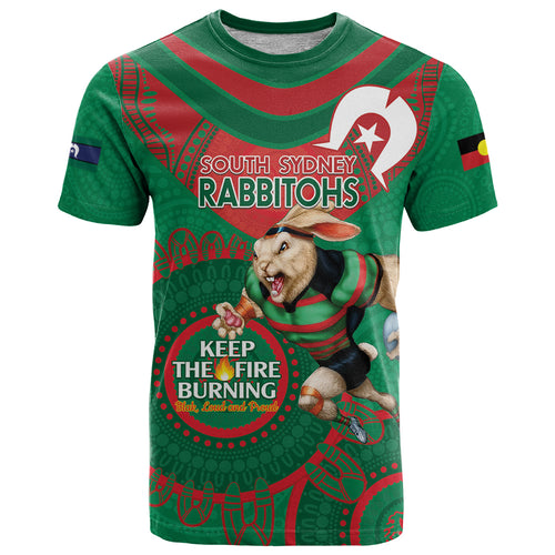 Custom NRL Rabbitohs NAIDOC Week T Shirt Keep The Fire Burning Indigenous Art
