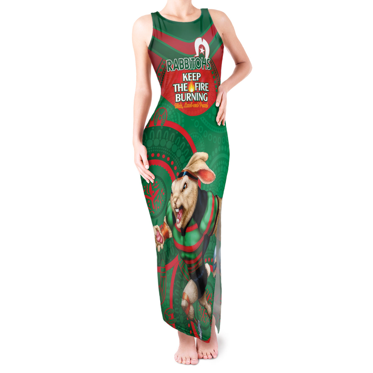 Custom NRL Rabbitohs NAIDOC Week Tank Maxi Dress Keep The Fire Burning Indigenous Art