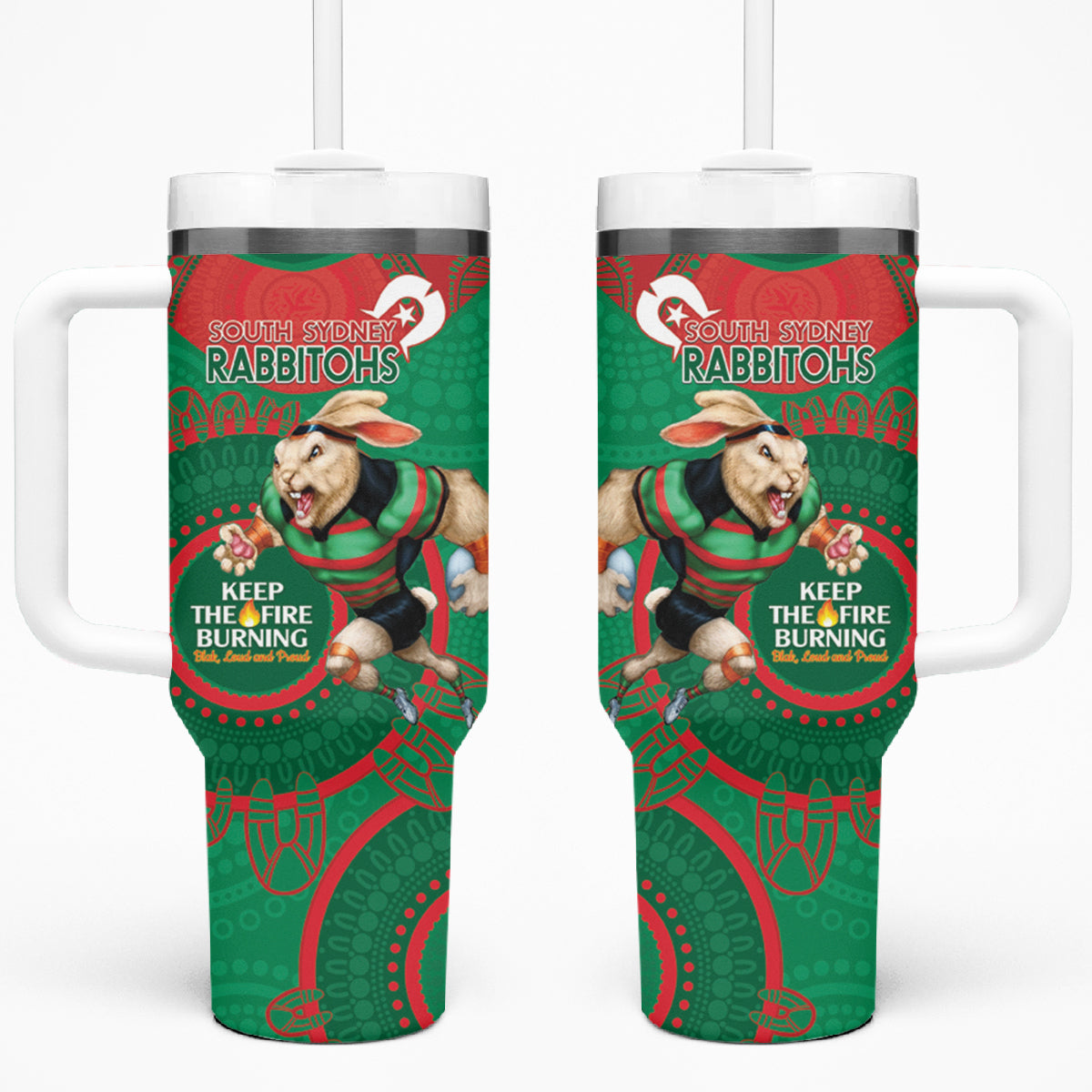 NRL Rabbitohs NAIDOC Week Tumbler With Handle Keep The Fire Burning Indigenous Art