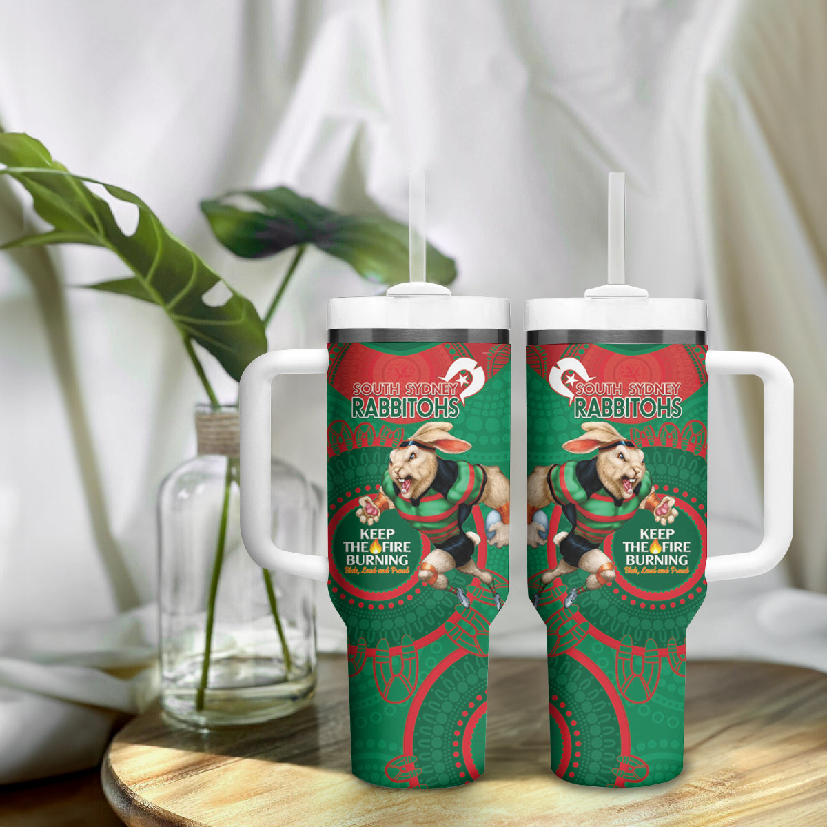 NRL Rabbitohs NAIDOC Week Tumbler With Handle Keep The Fire Burning Indigenous Art