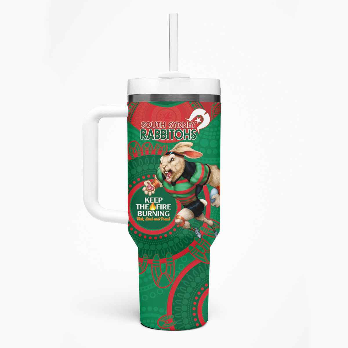NRL Rabbitohs NAIDOC Week Tumbler With Handle Keep The Fire Burning Indigenous Art
