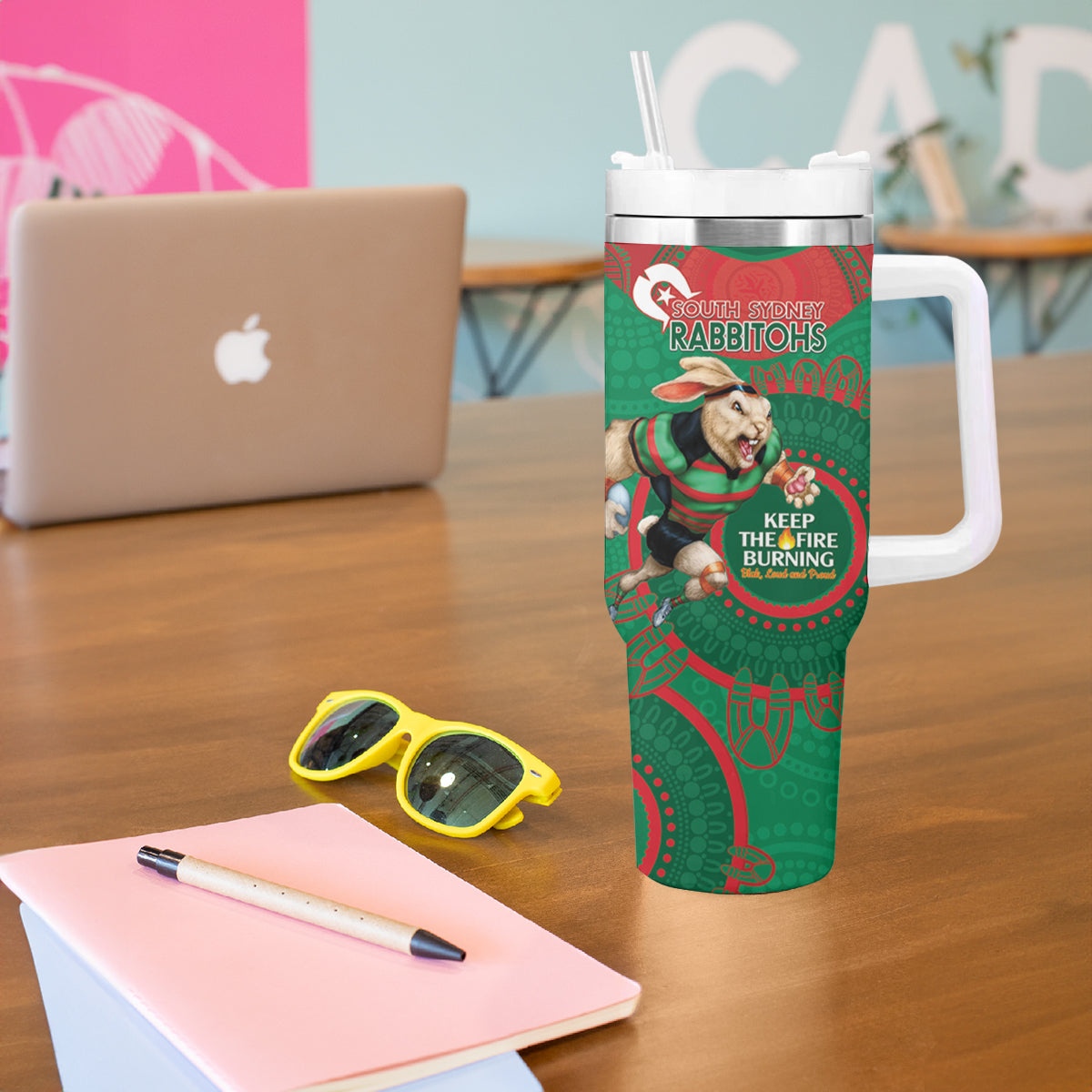 NRL Rabbitohs NAIDOC Week Tumbler With Handle Keep The Fire Burning Indigenous Art