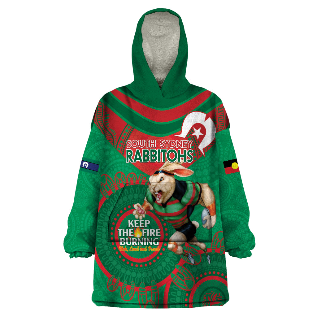 Custom NRL Rabbitohs NAIDOC Week Wearable Blanket Hoodie Keep The Fire Burning Indigenous Art