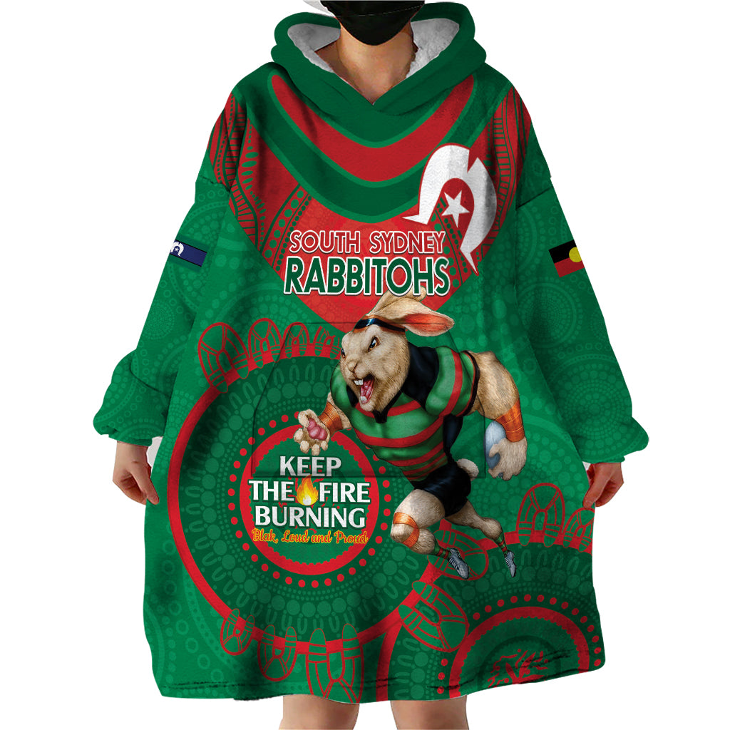 Custom NRL Rabbitohs NAIDOC Week Wearable Blanket Hoodie Keep The Fire Burning Indigenous Art