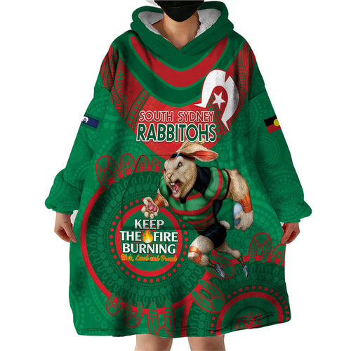 Custom NRL Rabbitohs NAIDOC Week Wearable Blanket Hoodie Keep The Fire Burning Indigenous Art