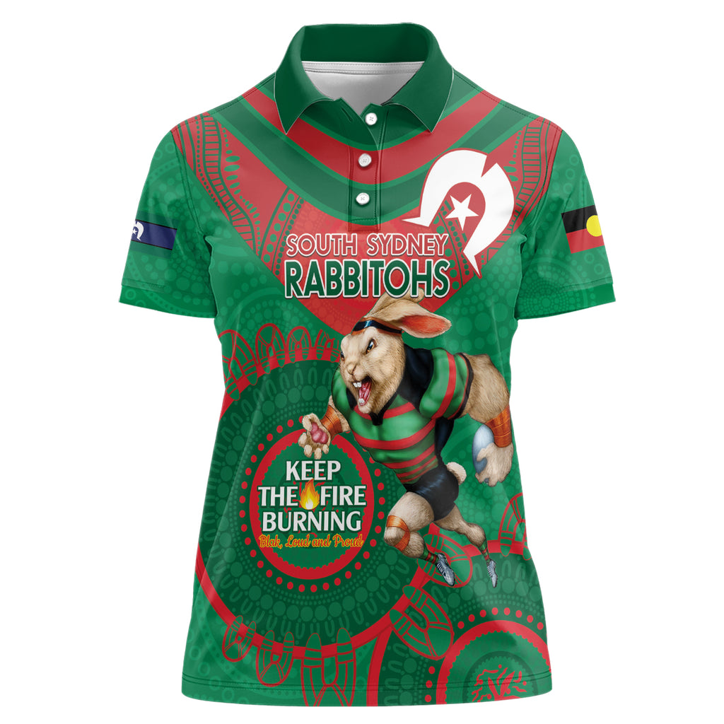 Custom NRL Rabbitohs NAIDOC Week Women Polo Shirt Keep The Fire Burning Indigenous Art