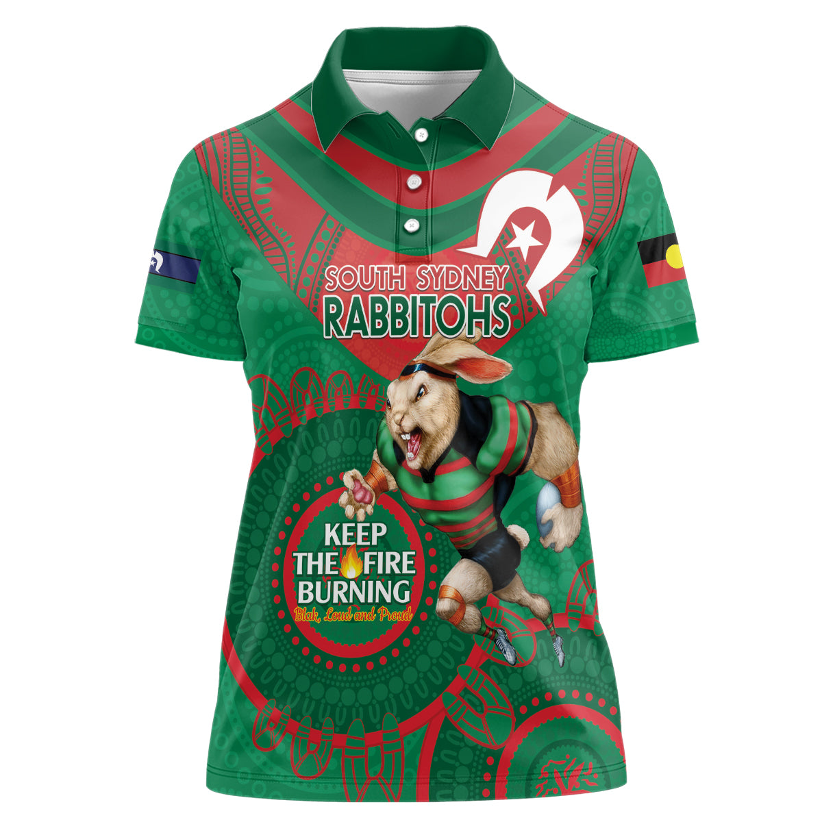 Custom NRL Rabbitohs NAIDOC Week Women Polo Shirt Keep The Fire Burning Indigenous Art