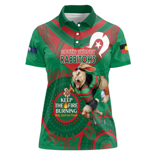 Custom NRL Rabbitohs NAIDOC Week Women Polo Shirt Keep The Fire Burning Indigenous Art