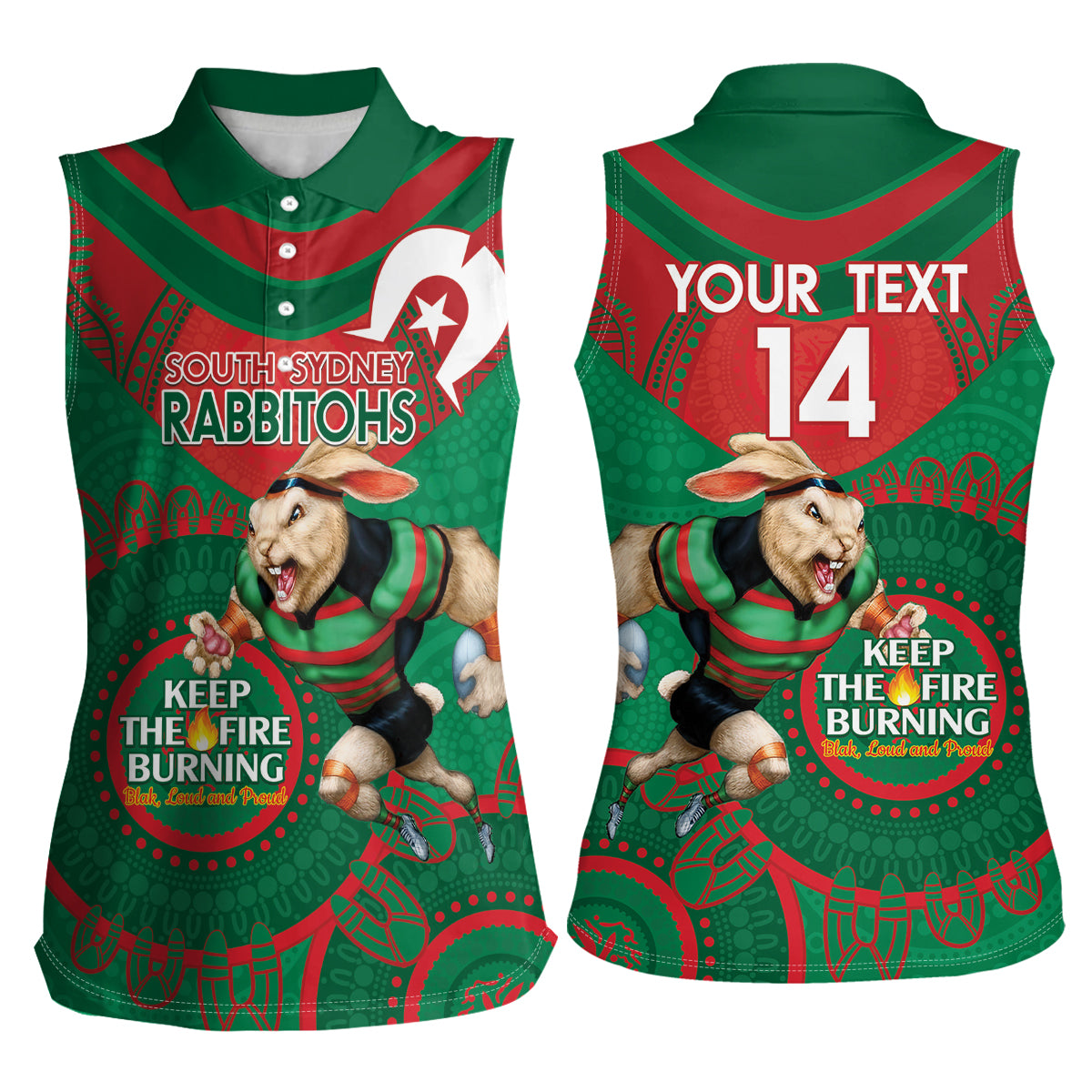 Custom NRL Rabbitohs NAIDOC Week Women Sleeveless Polo Shirt Keep The Fire Burning Indigenous Art