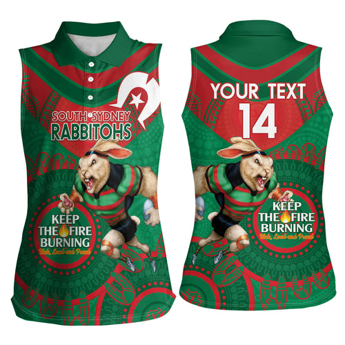 Custom NRL Rabbitohs NAIDOC Week Women Sleeveless Polo Shirt Keep The Fire Burning Indigenous Art