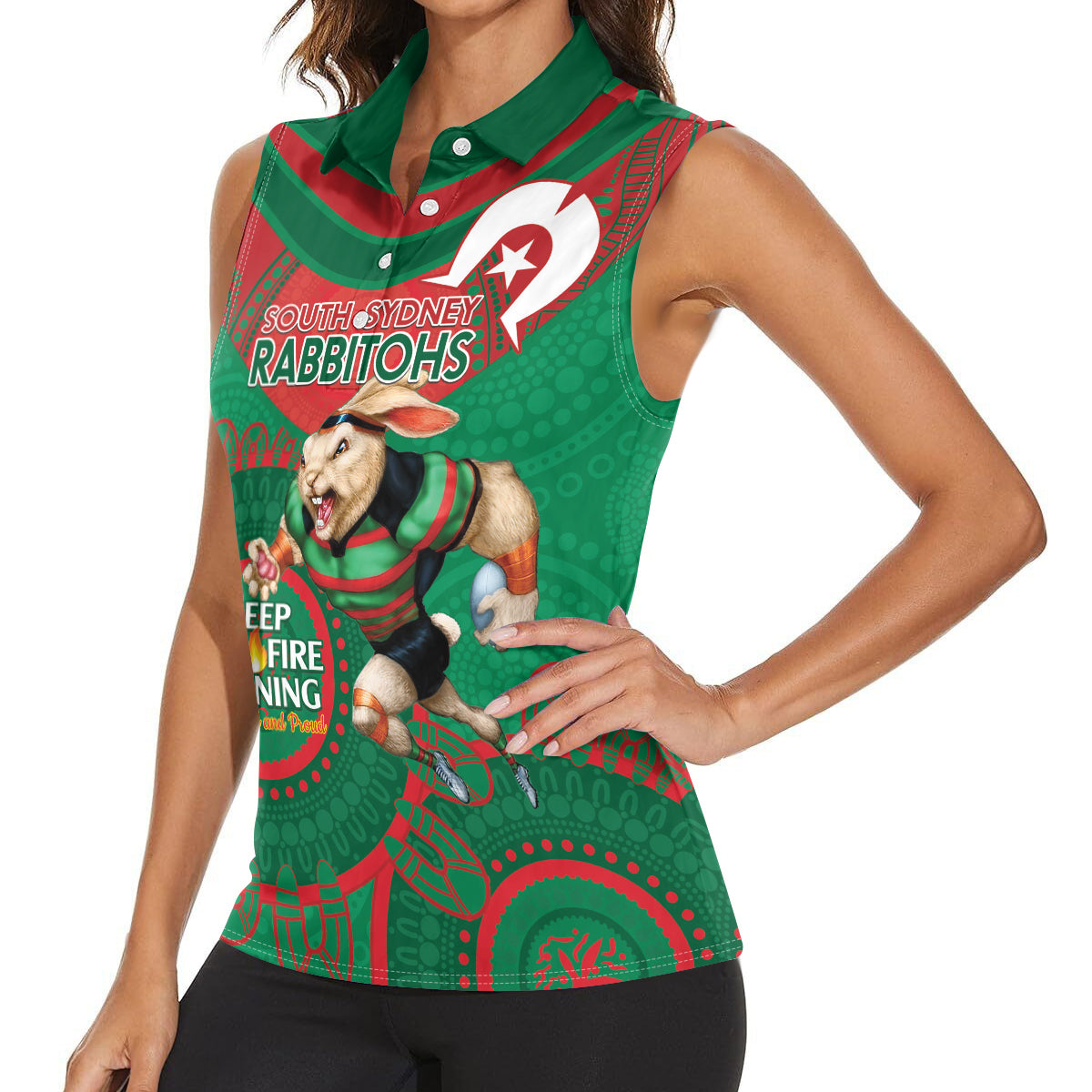 Custom NRL Rabbitohs NAIDOC Week Women Sleeveless Polo Shirt Keep The Fire Burning Indigenous Art