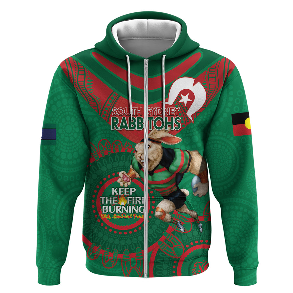 Custom NRL Rabbitohs NAIDOC Week Zip Hoodie Keep The Fire Burning Indigenous Art