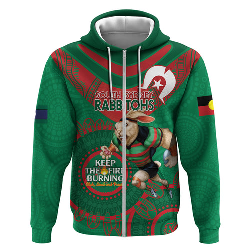 Custom NRL Rabbitohs NAIDOC Week Zip Hoodie Keep The Fire Burning Indigenous Art