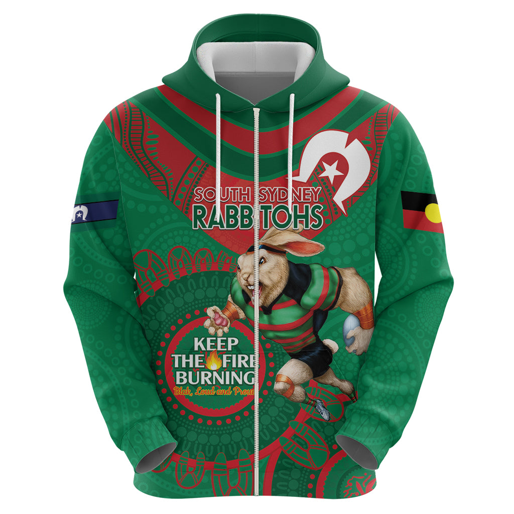 Custom NRL Rabbitohs NAIDOC Week Zip Hoodie Keep The Fire Burning Indigenous Art