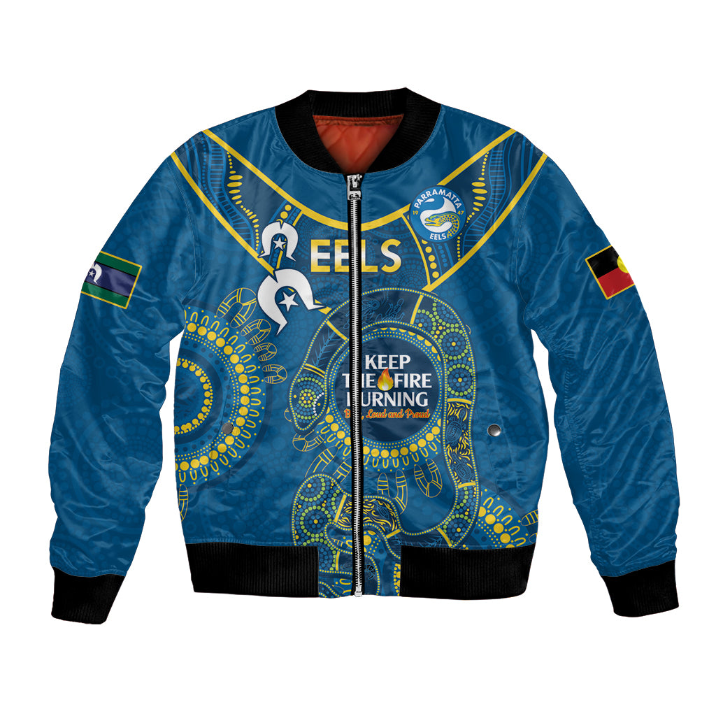Custom NRL Eels NAIDOC Week Bomber Jacket Keep The Fire Burning Indigenous Art