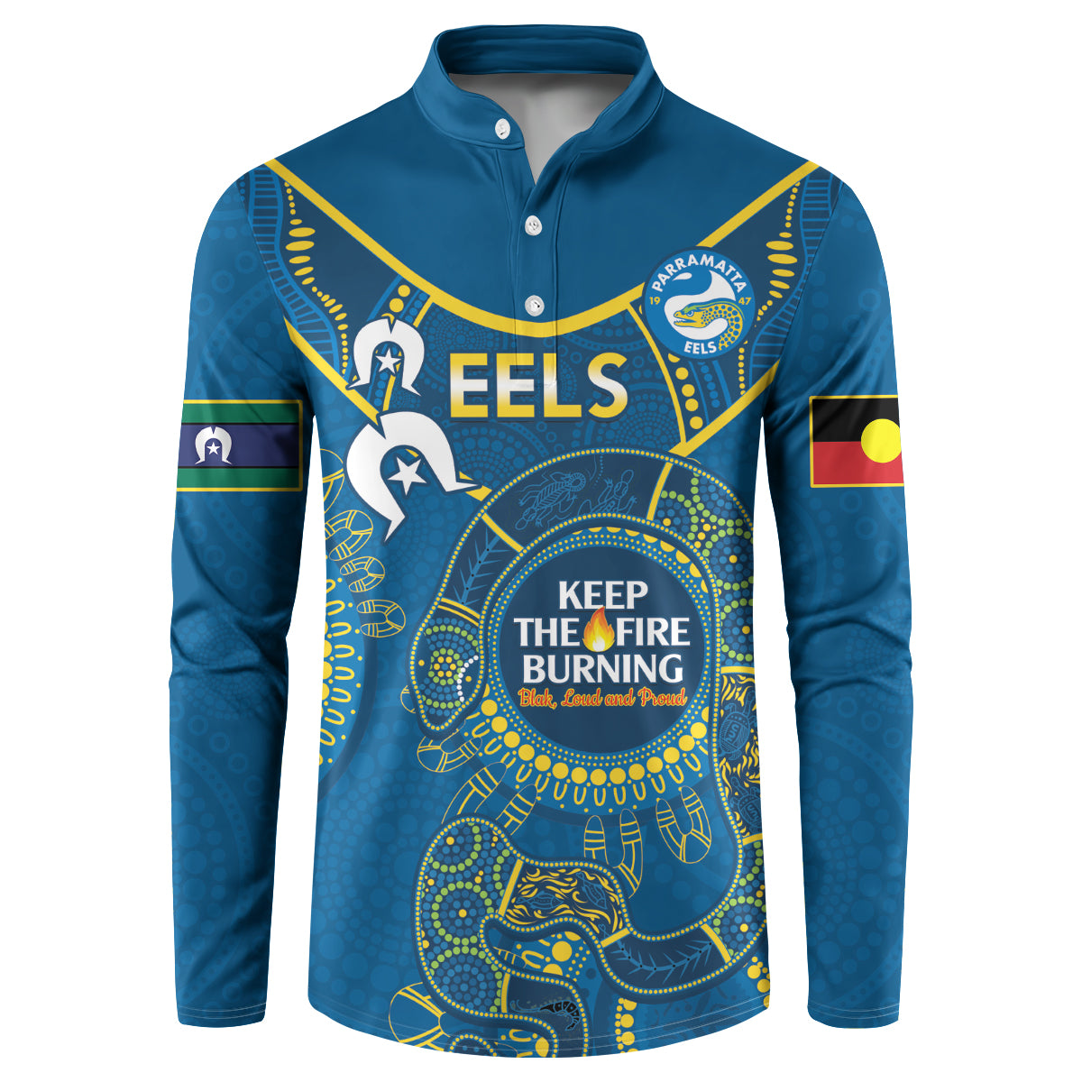 Custom NRL Eels NAIDOC Week Button Sweatshirt Keep The Fire Burning Indigenous Art