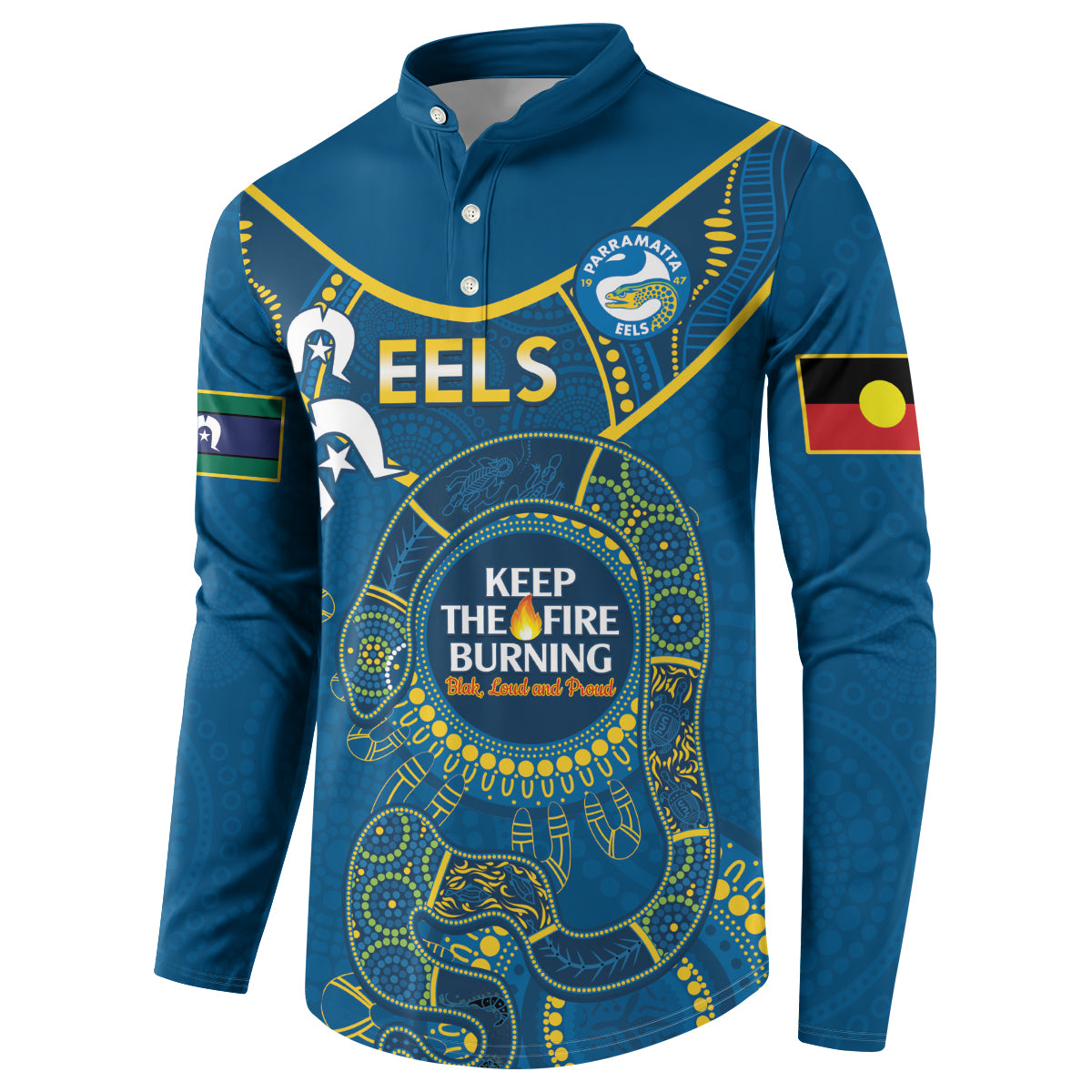 Custom NRL Eels NAIDOC Week Button Sweatshirt Keep The Fire Burning Indigenous Art