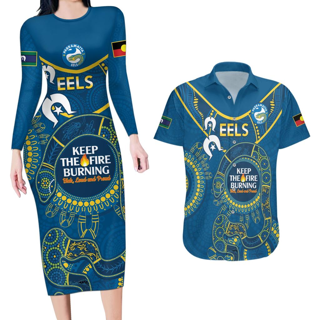Custom NRL Eels NAIDOC Week Couples Matching Long Sleeve Bodycon Dress and Hawaiian Shirt Keep The Fire Burning Indigenous Art
