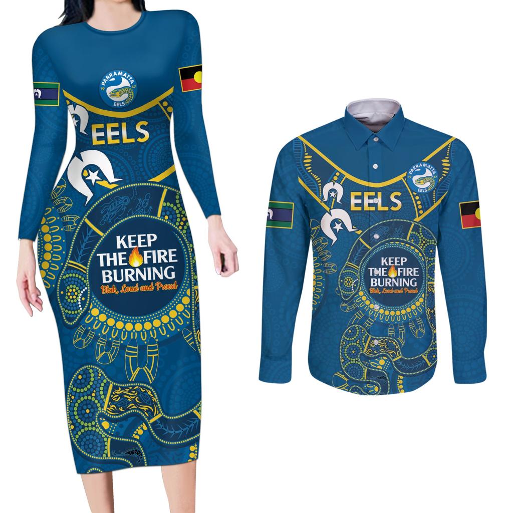 Custom NRL Eels NAIDOC Week Couples Matching Long Sleeve Bodycon Dress and Long Sleeve Button Shirt Keep The Fire Burning Indigenous Art